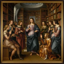 a renaissance painting depicting a cult inside a futuristic library