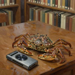 horseshoe crab listening to a sony walkman in a library, oil painting, high quality, detailed