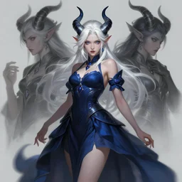 a highly detailed illustration of white haired horned young demon girl wearing dark blue dress, dramatic elegant pose, art by artgerm and greg rutowski and ilya kuvshinov, intricate, elegant, highly detailed, centered, digital painting, artstation, concept art, smooth, sharp focus, league of legends concept art, wlop.
