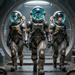 symmetric digital portrait biopunk marines space pirate, fish tank head astronauts walk on the stairs of the circular space, mad max, beksinski mohrbacher shirow, sharp focus, realistic scifi masterpiece, cinematic natural light, highly intricate details, 8 k, hdr, octane render