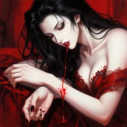 beautiful seductive female vampire, draining blood from wrist, highly detailed, painting, dark red and black color palette, intricate, high quality, anime artstyle, in the style of sana takeda