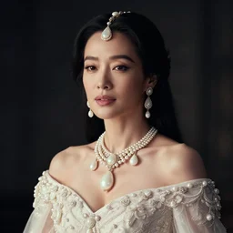 a portrait of shu qi as a beautiful princess, adorned with ivory jewelry, elegant, ethereal, elegant, dramatic lighting, in the style of jeremy mann, 8 k