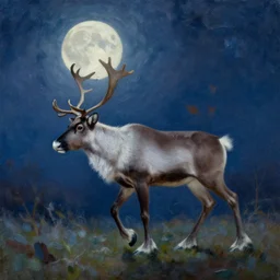 reindeer walking in the moonlight, oil painting