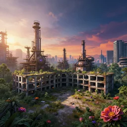 a beautiful ultradetailed rendering of architecture industrial architecture city nature abandoned building urbex unfinished building courtyard house by shigeru ban, gem landscape morning sun nightsky thermal vision otherworldly at dawn forest steampunk at dusk cosmic flowers biopunk, archdaily, wallpaper, highly detailed, trending on artstation.