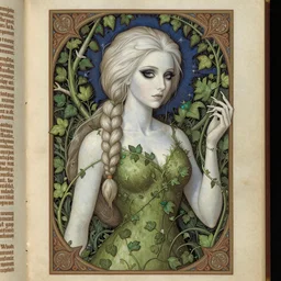 a stunningly detailed illuminated manuscript of a beautiful alyson hannigan dressed as poison ivy with white skin and with hair tied in a braid, dark eyeliner, intricate, elegant, highly detailed, digital painting, artstation, concept art, sharp focus, illustration, art by greg rutkowski and alphonse mucha