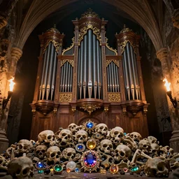 epic view of an ornate pipe organ on a pile of bones in a vaulted cavern with torches, hyper real, Indiana Jones, Tomb Raider, trending on artstation, concept art, cinematic, jewels, by Greg Rutkowski, caravaggio and vincent di fate