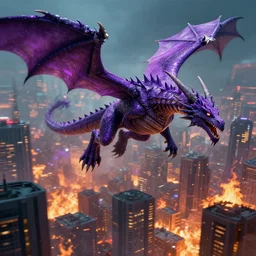 purple dragon is flying over a cyberpunk city and burning it
