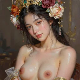 expressive oil painting, of young juno temple, seductive look, smirk, glistening body, love, sweat, ornate headpiece made flowers, glamour shot, by yoshitaka amano, by greg rutkowski, by jeremyg lipkinng, by artgerm, digital art, octane render, hard focus