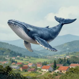 digital drawing of a whale flying over a village, very detailed, realistic illumination