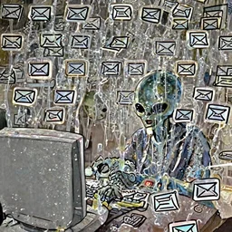 alien using a computer to check its email submerged in translucent goo, over the shoulder perspective, in 1 9 8 5, y 2 k cybercore, industrial low - light photography, still from a kiyoshi kurosawa movie