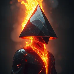 burning phoenix, render of a cosmic alchemist with a gigantic triangle shaped helmet made of shiny black marble, glitch, upper body, holographic, futuristic, presented nicely, rendered in octane, realistic, film grain, 3 5 mm, 1 6 0 0 iso, sony a 7 riv, 8 k, unreal engine, dark arts, mythical, surreal. cinematic by tsutomu nihei by