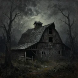 turner, j. m. w and michal karcz grunge gothic oil landscape painting of a haunted barn, dark art