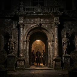 the dungeon entrance, dark lighting, nighttime, by gaston bussiere, j. c. leyendecker, craig mullins, donato giancola, greg rutkowski, symmetry!!, highly detailed, sharp focus