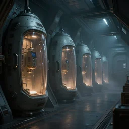 epic professional digital art of interior scene of dim spaceship room of upright very dimly lit fogged stasis pods lining wall, cinematic, detailed, intricate, grand, artstation, cgsociety, epic, stunning, gorgeous, wow wow detail