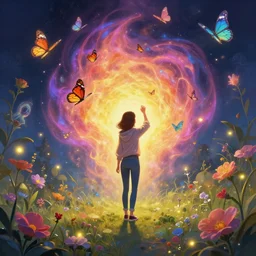 distant full long wide view shot. woman in a hoodie, jean pants, sneakers, playing d & d. butterflies, flowers, fireflies, spirits, digital painting, detailed, colorful aura, 8 k, trending on artstation, smooth, sharp focus artwork by mark arian, artgerm, mark keathley, greg rutkowski