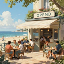 detailed ultra - realistic graphic novel illustration opened seashore cafe, french noon, 1 9 century, by famous digital artists, cinematic, full shot, hi fantasy art, colorfull by ilya kuvshinov