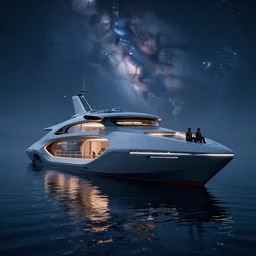 a futuristic sea cruiser sitting on a placid sea at night with the milky way above, sleek, aerodynamic, cabin lights, reflections, detailed, cgi, octane render, two men sitting on the bow