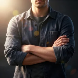 a ultra realistic, lens flare, atmosphere, glow, detailed, intricate, full of colour, cinematic lighting, trending on artstation, 4 k, hyperrealistic, focused, extreme details, unreal engine 5, cinematic, masterpiece, ultra realistic, hyper realistic, highly detailed, sharp focus, digital art picture of a man crossing arms