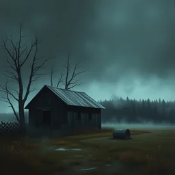 grunge painting of a farm shed. in the distance, there is a forest. by bob ross, albert bierstadt, grim, gothic, ominous, haunting, foggy background, immaculate scale, hyper - realistic, trending on artstation, 8 k, detailed, atmospheric, immaculate