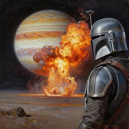 mandalorian watching explosion on jupiter , panoramic cinematic very sharp oil painting by beksinski