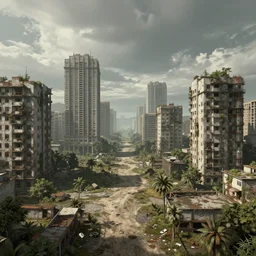 a deserted city, empty buildings with vegetation, post apocalyptic, deserted, epic fantasy art, trending on artstation, deviantart, high detail, high definiton, high quality, ultra realistic, hyper realistic, 4 k uhd,