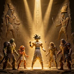 an 8 k hi res well lit dynamic volumetric lighting god rays 8 0 mm photo of hieroglyphics of zardoz and goku and orcs and jim henson and hercules greek and roman mythology marvel iceland vikings king arthur maul horror zombie