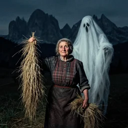 1 9 2 0 s spirit portrait photography of an old female farmer turning into a krampus ghost with hay cloth in the dolomites, by william hope, dark, eerie, grainy