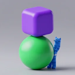 a purple cube stacked above a green sphere stacked above a blue tabby cat, 3 d render octane