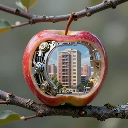 35mm photo of an intricate mechanical apple that has transparent skin and an apartment block is visible inside, growing off a tree branch. very detailed, 8k, fantasy cyberpunk