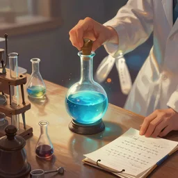 scientific photos alchemical research on the subject of a magic potion on a table researcher notes tags digital painting trending on artstation by wlop octane render
