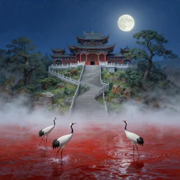 a gorgeous landscape painting by barlowe wayne maxfield parrish and marco mazzoni. summer moon night. chinese temple. he winding steps. three cranes splashing in the water. ultra clear detailed. 3 d, octane render. turbulent blood lake. fog