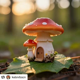 miniature mushroom house on top of a leaf, 8 k, hdr, trending on artstation, with sunset, sunlight reflections, lighting, instagram photo