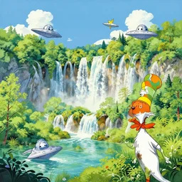 Plitvice landscape in the style of Dr. Seuss, starships, painting by Ralph McQuarrie