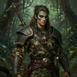 a warrior, wearing camouflage, war paint, jungle, deep focus, d & d, fantasy, intricate, elegant, highly detailed, digital painting, artstation, concept art, matte, sharp focus, illustration, hearthstone, art by artgerm and greg rutkowski and alphonse mucha