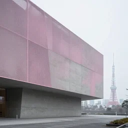 parametric architecture, museum, concrete, facede fabric and mesh in faded pink, morning fog, tokyo in the background