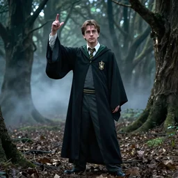 film still of john hannah as salazar slytherin, standing in dark forest, glamour pose, deep focus, dramatic lighting, octane, mist, steve mccurry, volumetric lighting, 8 k