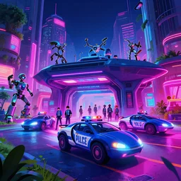 exterior shot, ready player one, police department, scifi futuristic vehicles, robots  , people  , neon lights, james gurney, katsuhiro otomo, james paick, cinematic lighting, artstation, vibrant nature, anime style, Craig Mullins, Greg Rutkowski, Pete Morbacher, Tuomas Korpi, tekkon kinreet, volumetric light, artstation, , octane render, redshift render, low angle camera