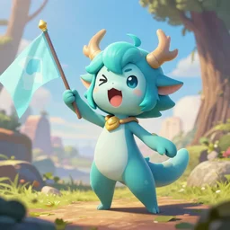 cyan cute spirit axie pet holds flag, battle cry, last battle, fantasy, ghibli studio, style artstation, style greg rutkowsk, octane render, unreal engine 6, epic game graphics, fantasy, conceptual art, ray tracing