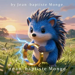 ( ( a cute face blue hedgehog holds a large gold ring with blue lightning. cover art. ) ), beautiful grassland, early morning hours, long shadows, extremely detailed, fantasy painting, by jean - baptiste monge!!!!