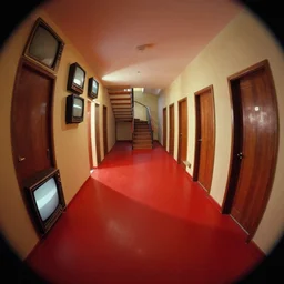 volumetric shadows, volumetric lighting, goya painting of underground, fisheye, curved perspective, naive, extra narrow, modern hallway, old tv screens, staircase, doors, red large floor, by rhads and gaudi