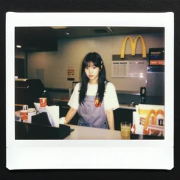 chaeyoung working the front counter of mcdonald's ready to take your order, eighties polaroid, flash photography, photorealistic, kodachrome