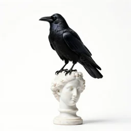 raven sitting on a female marble bust on a white background, art by james o barr and albrecht durer and piranesi, woodblock print, engraved, black and white, vector, vector art