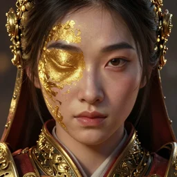 realistic detailed painting of Mulan wearing sculpted textured golden armor, close her eye, battle damage, intricate complexity, close-up of the front of the face, super sophisticated texture, resolute expression, back lighting, 4K resolution, symmetric, clear facial features, golden ratio, by Ruan Jia and Mandy Jurgens and William-Adolphe Bouguereau, Karol Bak, smooth, sharp focus, rich deep colors, Unreal Engine 5, digital render, intricate, ultra realistic, concept art,