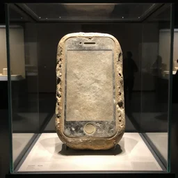 fossil of a stone iphone from the year 1 5 0 0 bc placed in an ancient history museum inside a glass box, 4 k, real, archeological exhibit, shot from afar