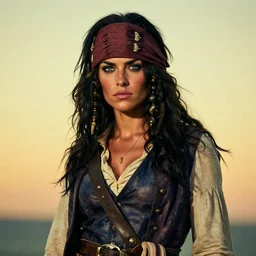 an award winning outdoors portrait photo of a tanned greek smug 1 7 0 0 s dirty caribbean italian olive tanned young pirate woman with black silk hair, slightly big nose defined jaw, very beautiful, smug face, blue eyes, wearing a vest and short coat, sunset, movie color graded
