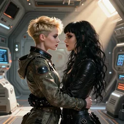 science fiction, blonde woman with undercut and brunette goth woman with long black hair, embracing in microgravity, in cargo bay on the nostromo, extremely detailed, cinematic lighting, illustration, digital art, crepuscular ray, trending on artstation, art by greg rutkowski, golden ratio