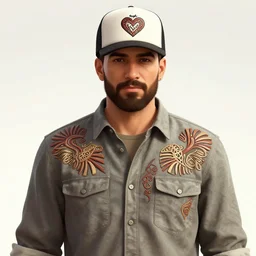 handsome man with a beard wearing a trucker hat and buttoned shirt, greeble tribal style fanart ornate fantasy heartstone gta5 cover , official behance hd artstation by Jesper Ejsing, by RHADS, Makoto Shinkai and Lois van baarle, ilya kuvshinov, rossdraws