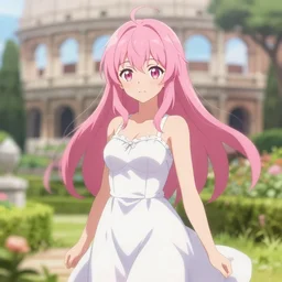 isekai cute anime girl pink hair wearing white dress standing in roman garden beautiful lineart, depth focus, rankings pixiv, artstation, chromatic aberration, soft lighting, srgb, 4 k artstation, hdr, cinematic, motion blur, marmoset, blender 3 d, krita