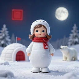 portrait of a tin toy eskimo girl, sky, winter, snow, 1 9 5 0 s, igloo, moon, polar bear, nicoletta ceccoli, mark ryden, lostfish, depth of field, detailed and intricate red square environment, 8 k resolution, hyperrealistic, octane render
