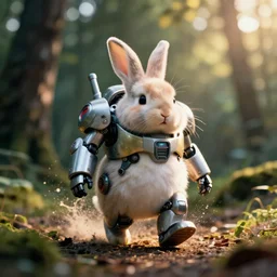 a 3 5 mm photo from the front of a chubby cute rabbit - mecha - robot - fusion walking in the woods, splash art, movie still, bokeh, canon 5 0 mm, cinematic lighting, dramatic, film, photography, golden hour, depth of field, award - winning, anamorphic lens flare, 8 k, hyper detailed, 3 5 mm film grain